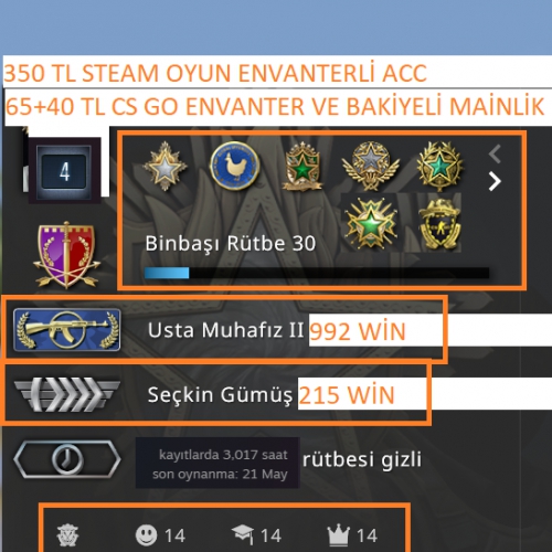 2 MADALYALI 10 LV 79 LV STEAM 12000 TL STEAM OYUN ENVANTERLİ 160+130 TL CS  GO ENVANTER VE STEAM CARD MAİNLİK HESAP ACC Satın Al, En Ucuz indirimli  Fiyat