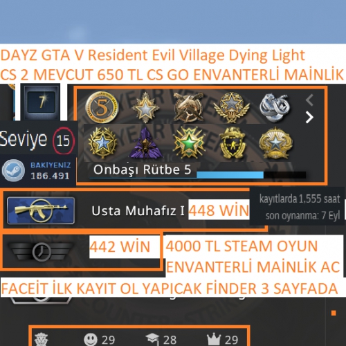 2 MADALYALI 10 LV 79 LV STEAM 12000 TL STEAM OYUN ENVANTERLİ 160+130 TL CS  GO ENVANTER VE STEAM CARD MAİNLİK HESAP ACC Satın Al, En Ucuz indirimli  Fiyat