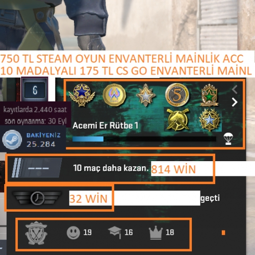 2 MADALYALI 10 LV 79 LV STEAM 12000 TL STEAM OYUN ENVANTERLİ 160+130 TL CS  GO ENVANTER VE STEAM CARD MAİNLİK HESAP ACC Satın Al, En Ucuz indirimli  Fiyat