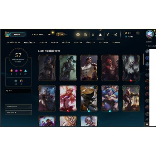  57 COSTUM 84 CHAMPİONS 188 LV LOL TR HESABI 29 SKİNS 2 KNİFE KTAK SET HIZLI VE ÖLÜMCÜL SET MAİLLİ MAİNLİK HESAP ACC