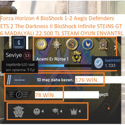 6 MADALYALI ETS 2 The Darkness II BioShock Infinite 22500 TL STEAM OYUN ENVANTERLİ STEAM LV 13