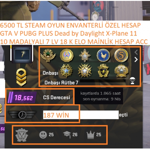  10 MADALYALI 7 LV 18 K ELO GTA V PUBG PLUS 6500 TL STEAM OYUN ENVANTERLİ MAİNLİK HESAP ACC
