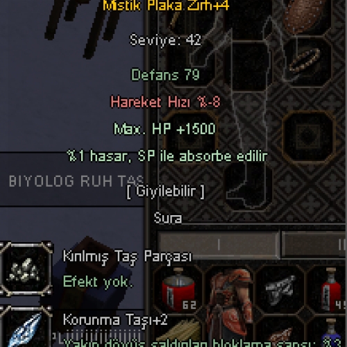  +4 Mistik Plaka Zırh 1.5k hp 1 sp absorbe +2 korunma taşı