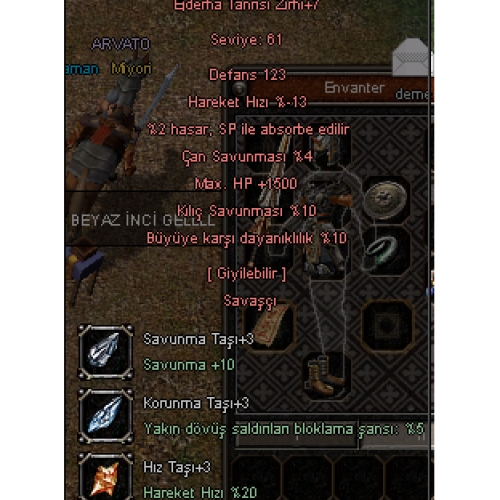 +7 EJDER TANRISI ZIRHI 1.5K HP 10 BÜYÜ 10 KILIÇ 5 EFSUN 3 TAŞLI - ET -