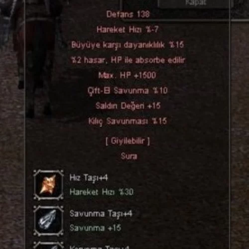  +8 KARA BÜYÜ ZIRH 5 EFSUN +4 TAŞ