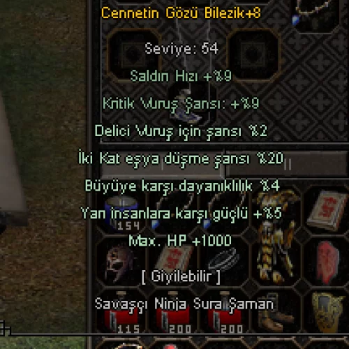 +8 CENNETİN GÖZÜ BİLEZİK 20 EŞYA 1K HP 5 YARI 4 BÜYÜ  2 DELİCİ