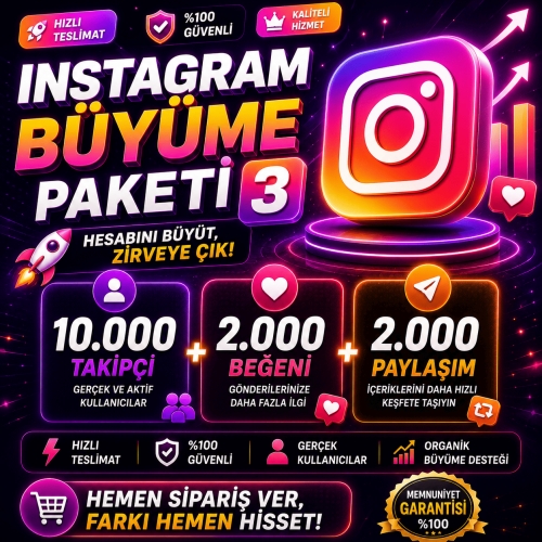  İnstagram Büyüme Paketi 3 - 10.000 Takipçi - 2.000 Beğeni - 2.000 Paylaşım