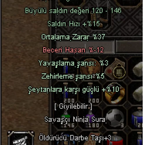  +8 dolu 37 ort 10 şeytan  +8 abanoz küpe +8 demir kask 5000 TL