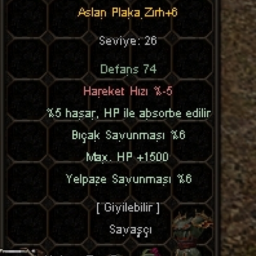 +6 ASLAN PLAKA ZIRH 1.5K HP 5 HP ABSORBE 4 EFSUN +2 SAVUNMALI