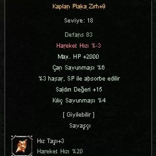  +9 Kaplan Plaka Zırh 5 Efsun 2000HP