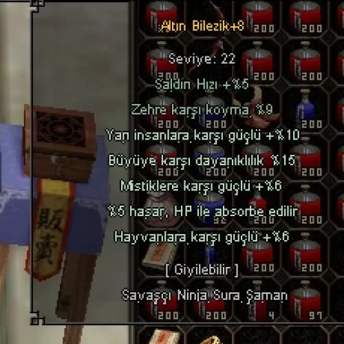  +8 ALTIN BİLEZİK 10 YARI 15 BÜYÜ 5 HP ABSORBE 9ZEHRE KARŞI KOYMA BİLEZİK