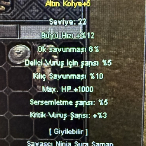 Altın kolye 1000 hp 5 sersem 5 delici 10 kılıc 3 krtık