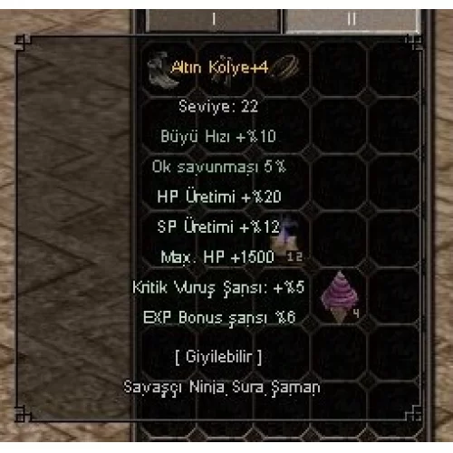  +4 ALTIN KOLYE 1.5K HP 5 KRİT 6 EX BONUS 20HP ÜRETİMİ 5 EFSUN