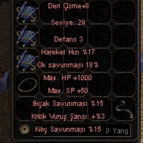  +8 DERİ ÇİZME 15 KILIÇ 15 BIÇAK 1000 HP 3 KRİTİK