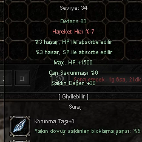  +6 YING YANG +3 TAŞLI 1500 HP 30 STR 3 HP 3 SP ABSORBE