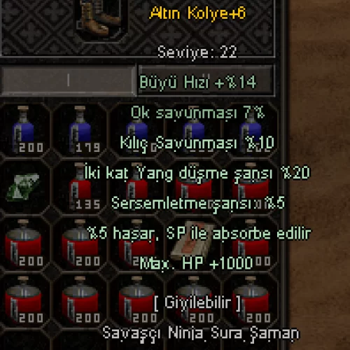  +6 Altın kolye 1k hp 20 yang 5 sersem 10 kılıç