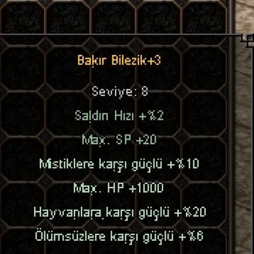  +3 BAKIR BİLEZİK 1K HP 20 HAYVAN 10 MİSTİK 6 ÖLÜMSÜZ