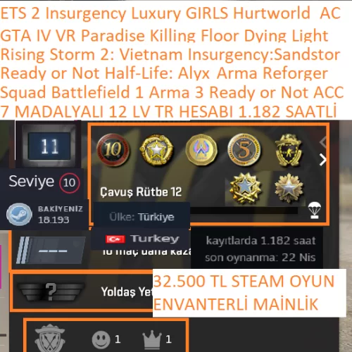  7 MADALYALI 12 LV TR HESABI SQUAD BF 1 GTA IV ETS 2 ARMA 3 Ready