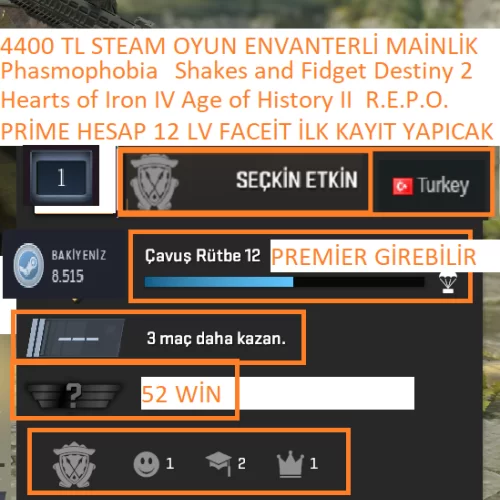  PRİME HESAP 12 LV FACEİT Hearts of Iron IV Age of History II R.E.P.O
