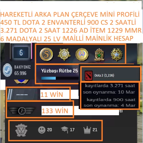  6 MADALYALI 25 LV 1226 AD İTEM DOTA 2 3.271 SAATLİ DOTA 2 VE STEAM