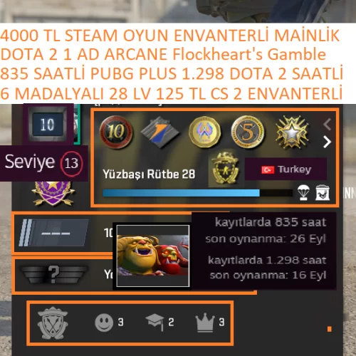 6 MADALYALI 28 LV 835 SAAT PUBG PLUS 1 AD ARCANE 125 TL CS 2