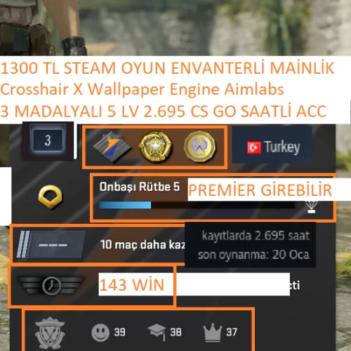  3 MADALYALI 5 LV 2.695 SAATLİ CS GO 1300 TL STEAM OYUN ENVANTERLİ