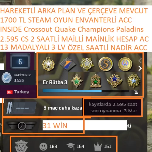  13 MADALYALI 3 LV 2.595 CS 2 SAATLİ 1700 TL STEAM OYUN ENVANTERLİ