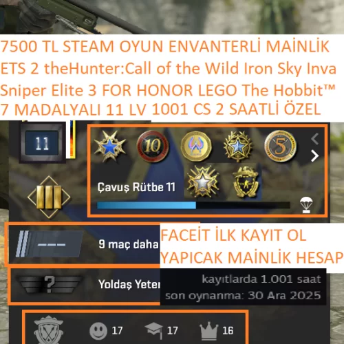  7 MADALYALI 11 LV+FACEİT Sniper Elite 3 FOR HONOR LEGO The Hobbit 7500 TL