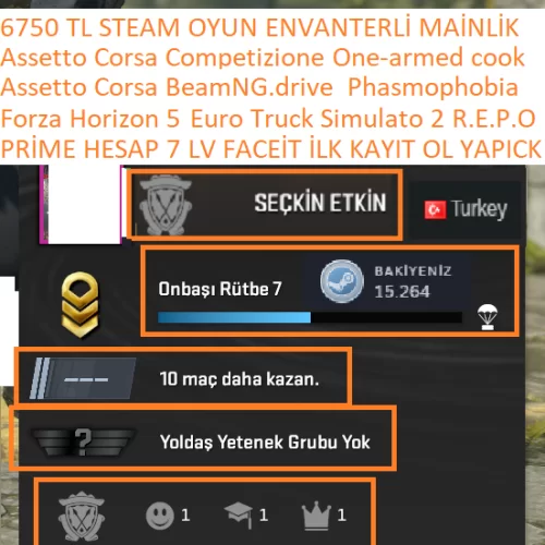  PRİME HESAP 7 LV Forza Horizon 5 ETS 2 Assetto Corsa-Competizione R.E.P.O.