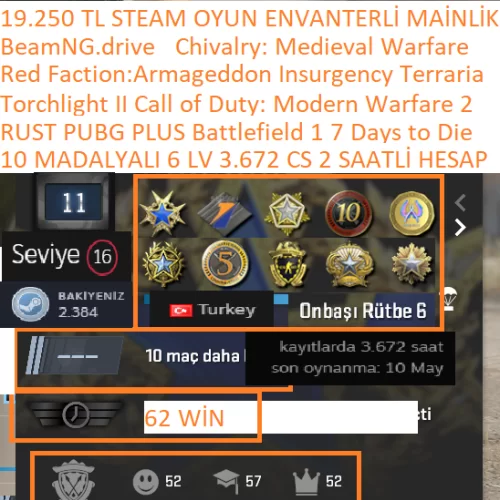  10 MADALYALI 6 LV 3.672 CS 2 SAATLİ RUST PUBG PLUS Battlefield 1