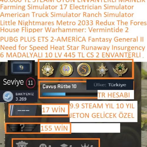  6 MADALYALI 10 LV TR HESABI 445 TL CS 2 ENVTRLİ PUBG PLUS NFS HEAT