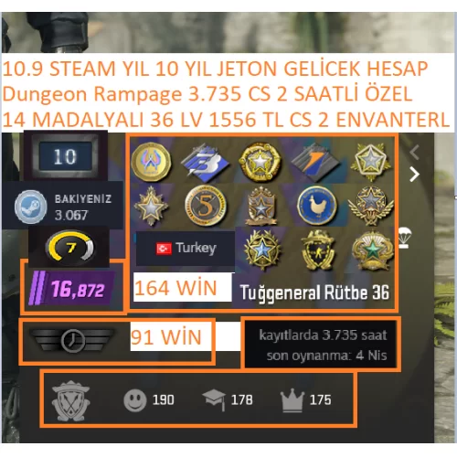  14 MADALYALI 36 LV 1556 TL CS 2 ENVANTERLİ 3.735 CS 2 SAATLİ MAİLLİ