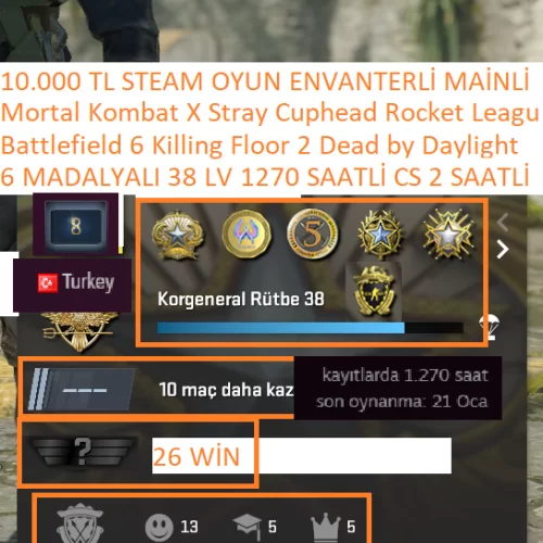  6 MADALYALI 38 LV Battlefield 6 Killing Floor 2 Dead by Daylight 10.000 TL