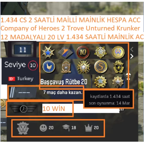  12 MADALYALI 20 LV 1.435 CS 2 SAATLİ MAİLLİ MAİNLİK HESAP STEAM LV 10