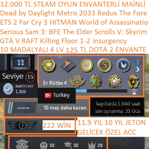  10 MADALYALI 4 LV GTA V RAFT BF-3 ETS 2 Killing Floor 1-2 32.000 TL STEAM