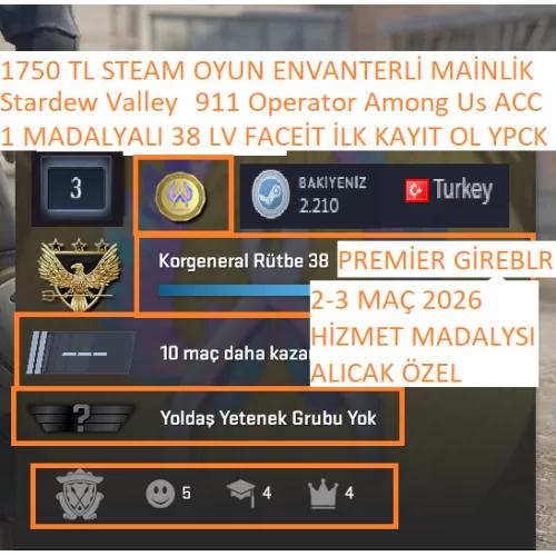  1 MADALYALI 38 LV FACEİT Stardew Valley 911 Operator 1750 TL STEAM