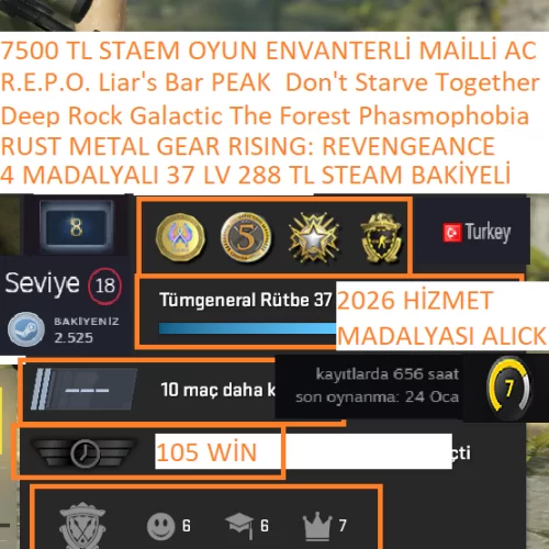  4 MADALYALI 37 LV 288 TL STEAM BAKİYELİ RUST Deep Rock Galactic The