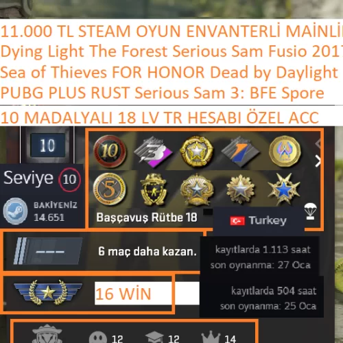  10 MADALYALI 18 LV TR HESABI RUST PUBG PLUS FOR HONOR Dying