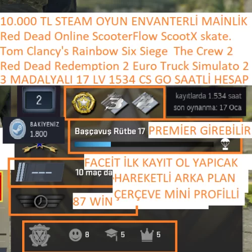  3 MADALYALI 17 LV FACEİT 1534 CS 2 SAATLİ RED DEAD 2-1 RAİNBOW ETS 2 The