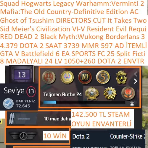  8 MADALYALI 24 LV 1050+260 TL DOTA 2 ENVANTERLİ Battlefield 6 RED DEAD 2