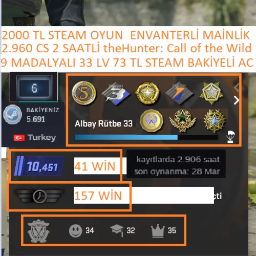  9 MADALYALI 33 LV 2.906 CS 2 SAATLİ 2000 TL STEAM OYUN