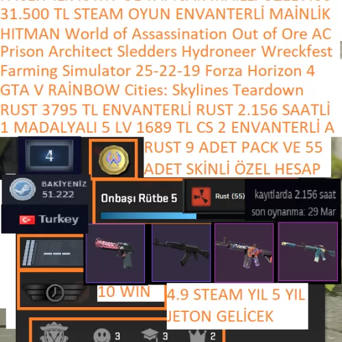  1 MADALYALI 3795+1689 TL RUST VE CS 2 ENVANTERLİ 2.156 SAAT 9 PACK