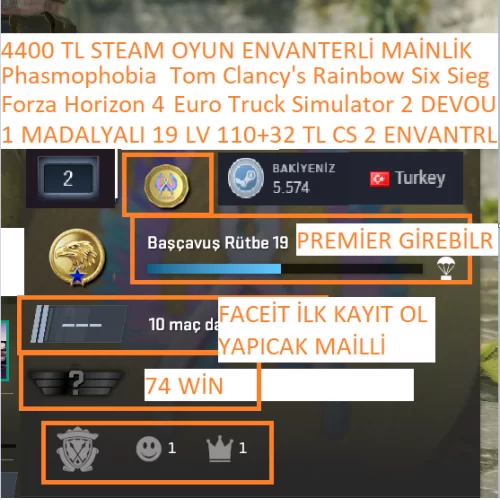 1 MADALYALI 19 LV FACEİT 110+32 TL CS 2 ENVANTERLİ Forza Horizon 4 Euro