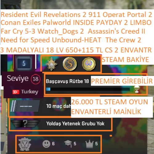  3 MADALYALI 18 LV 650+115 TL CS 2 ENVANTER VE BAKİYE Need for Speed