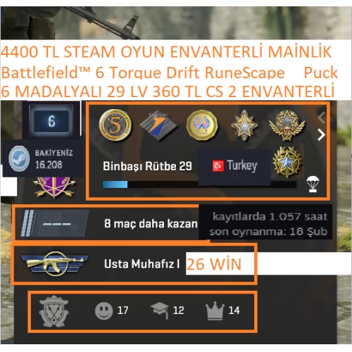  6 MADALYALI 29 LV 360 TL CS 2 ENVANTERLİ Battlefield 6 Torque Drift 4400 TL