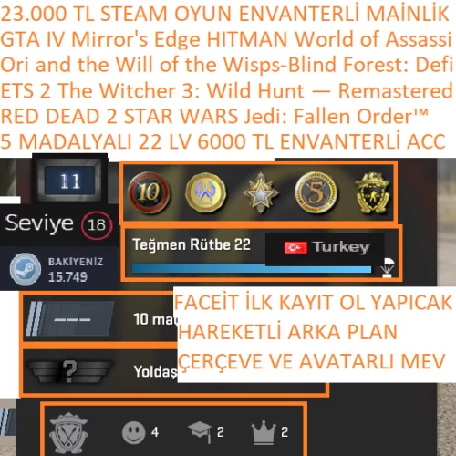 5 MADALYALI 22 LV FACEİT 6000 TL CS 2 ENVANTERLİ RED DEAD 2 ETS 2
