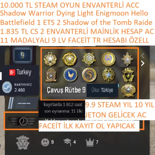 11 MADALYALI FACEİT TR HESABI 1.835 TL CS 2 ENVANTERLİ ETS 2 Battlefie