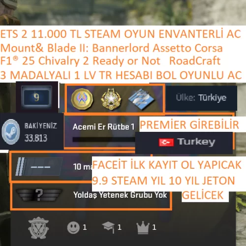  3 MADALYALI TR HESABI F1® 25 Chivalry 2 ETS 2 Ready or Not 11.000 TL STEAM