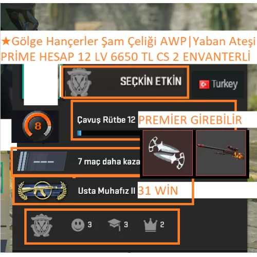  PRİME HESAP 12 LV Gölge Hançerler Şam Çeliği AWP Yaban Ateşi 6550 TL CS 2