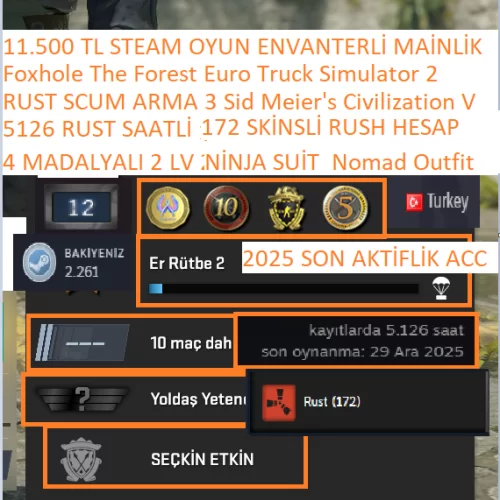  4 MADALYALI FACEİT 5126 RUST SAATLİ NİNJA SUİT 172 SKİNS SCUM ARMA 3